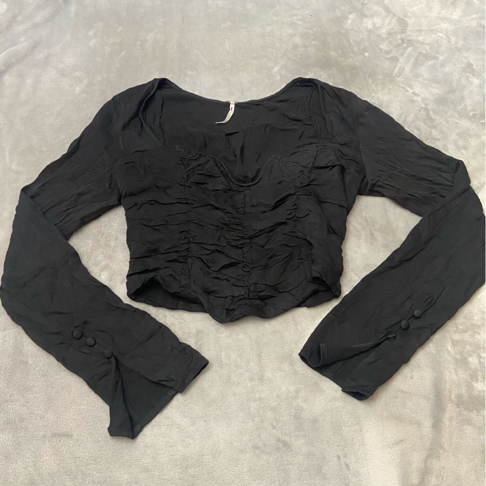 Free People ruched black long sleeve sweetheart neckline top 4170